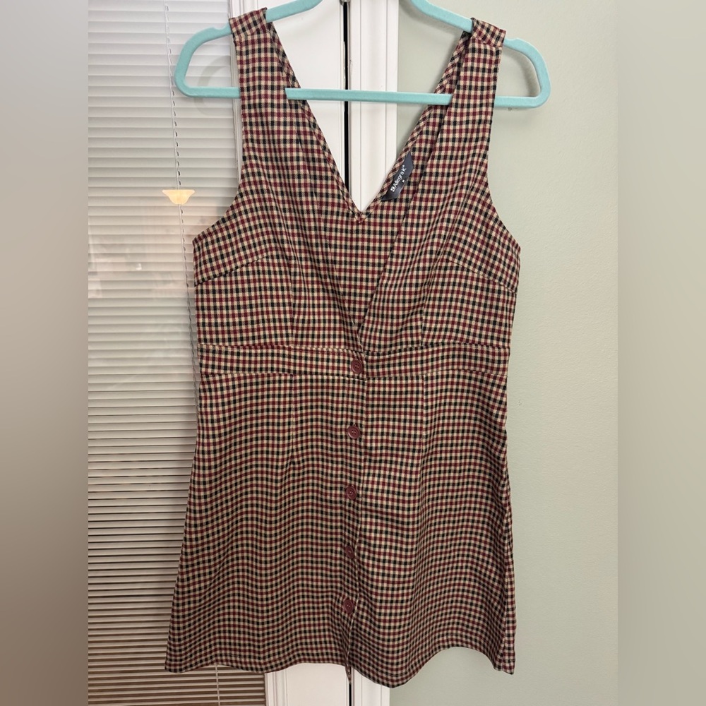Allegra K- Burgundy and Black Plaid V-Neck Jumper Dress
